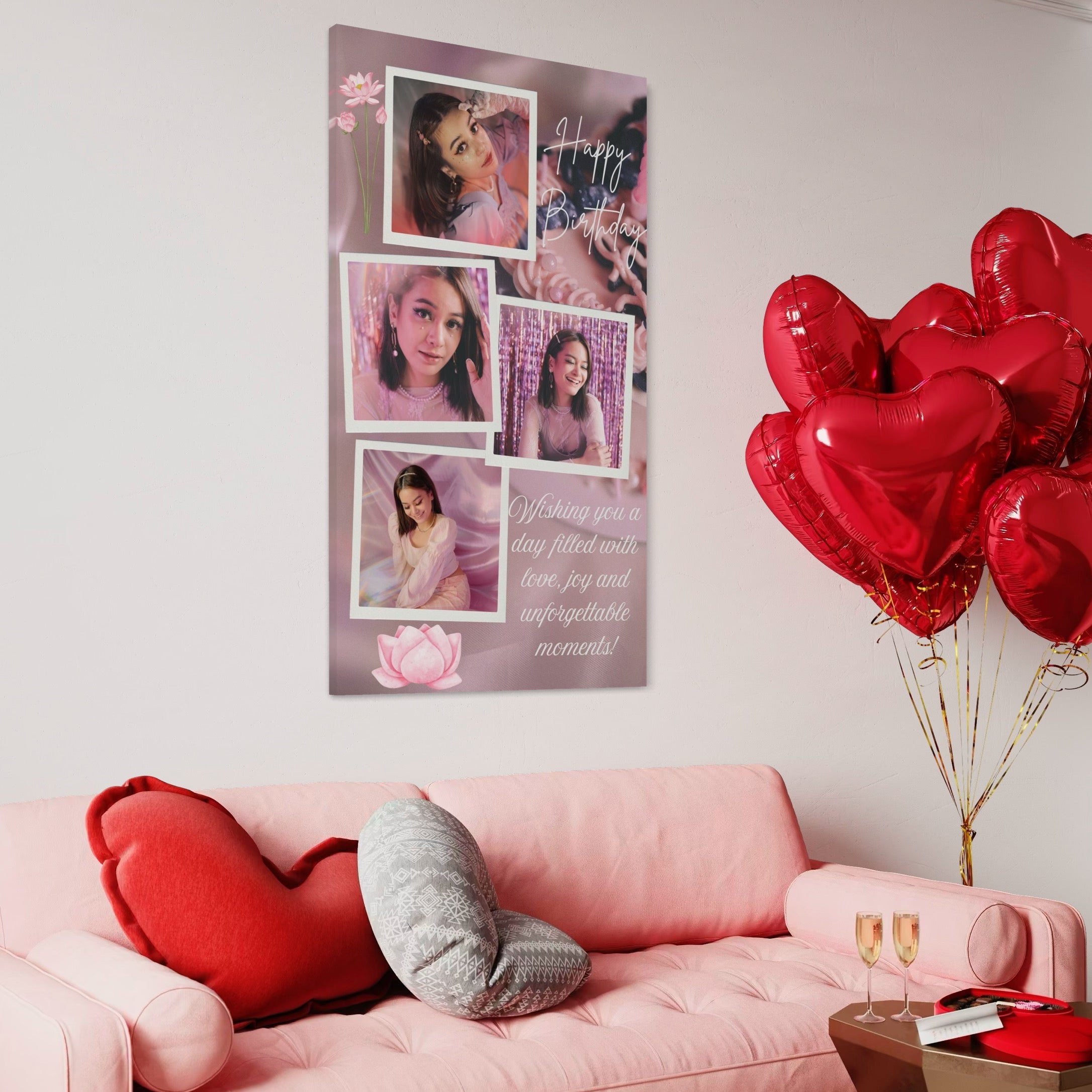 Imagine cu tablou canvas aniversar cu patru fotografii si tort, tiparita pe panza canvas